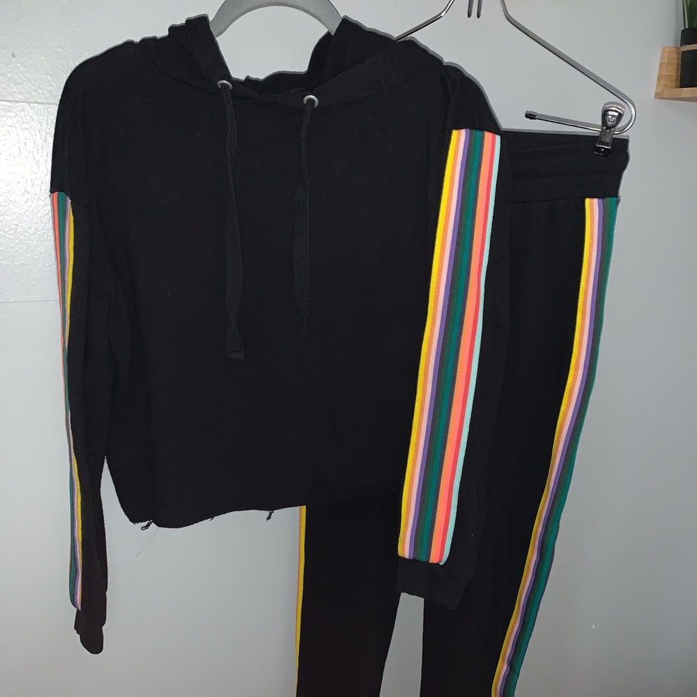 Black sweatsuit with rainbow stripe
